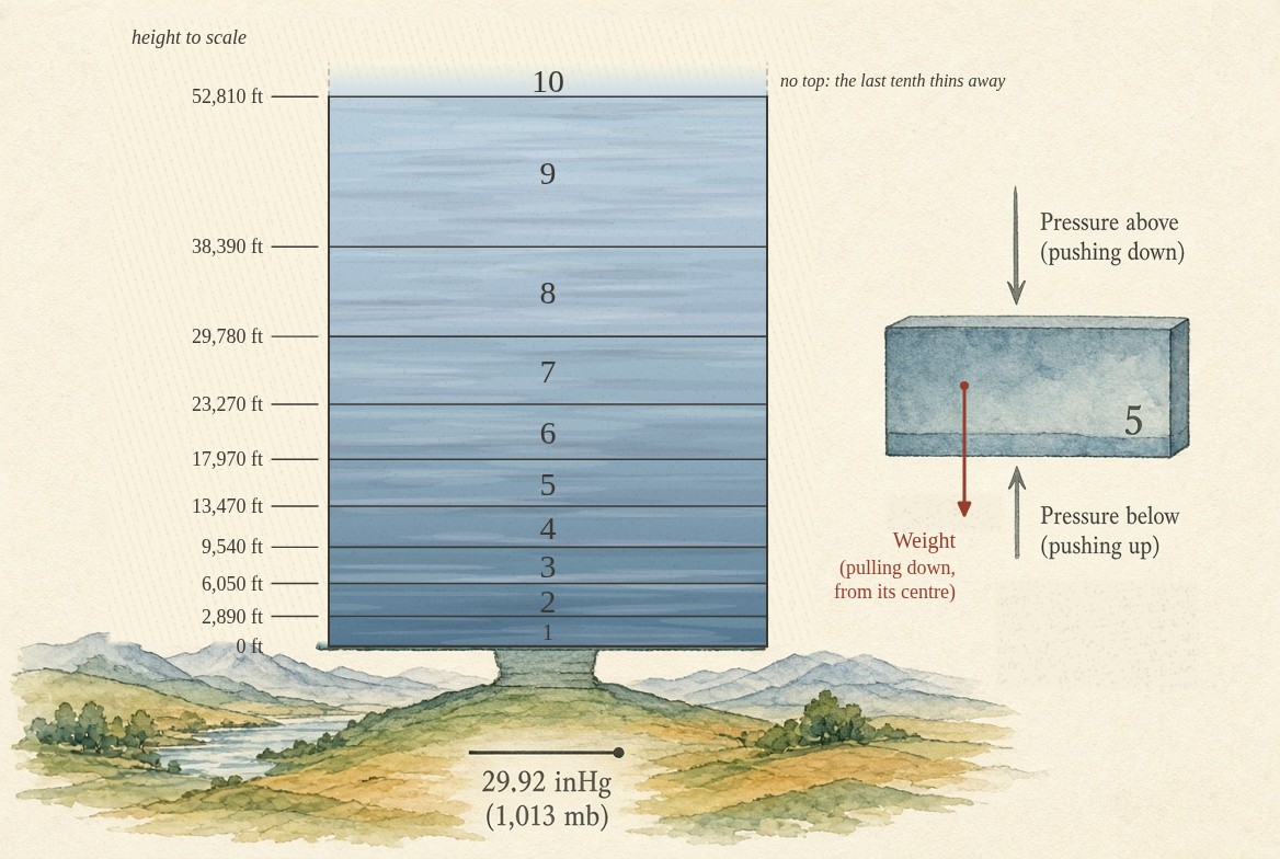 A painted column of air standing on green hills, drawn to scale from the ground to 56,000 feet and cut into ten slabs that each hold a tenth of the air’s weight: slab 1 is 2,890 feet thick and each slab above is thicker, the tops of slabs 1 to 9 at 2,890, 6,050, 9,540, 13,470, 17,970, 23,270, 29,780, 38,390 and 52,810 feet, and slab 10 fading upward with no top. A barometer at the base reads the weight of the whole column, 29.92 inches of mercury (1,013 millibars). Beside it slab 5 drawn out, with the pressure above pushing down on its top, the pressure below pushing up on its bottom, and its weight pulling down from its centre.