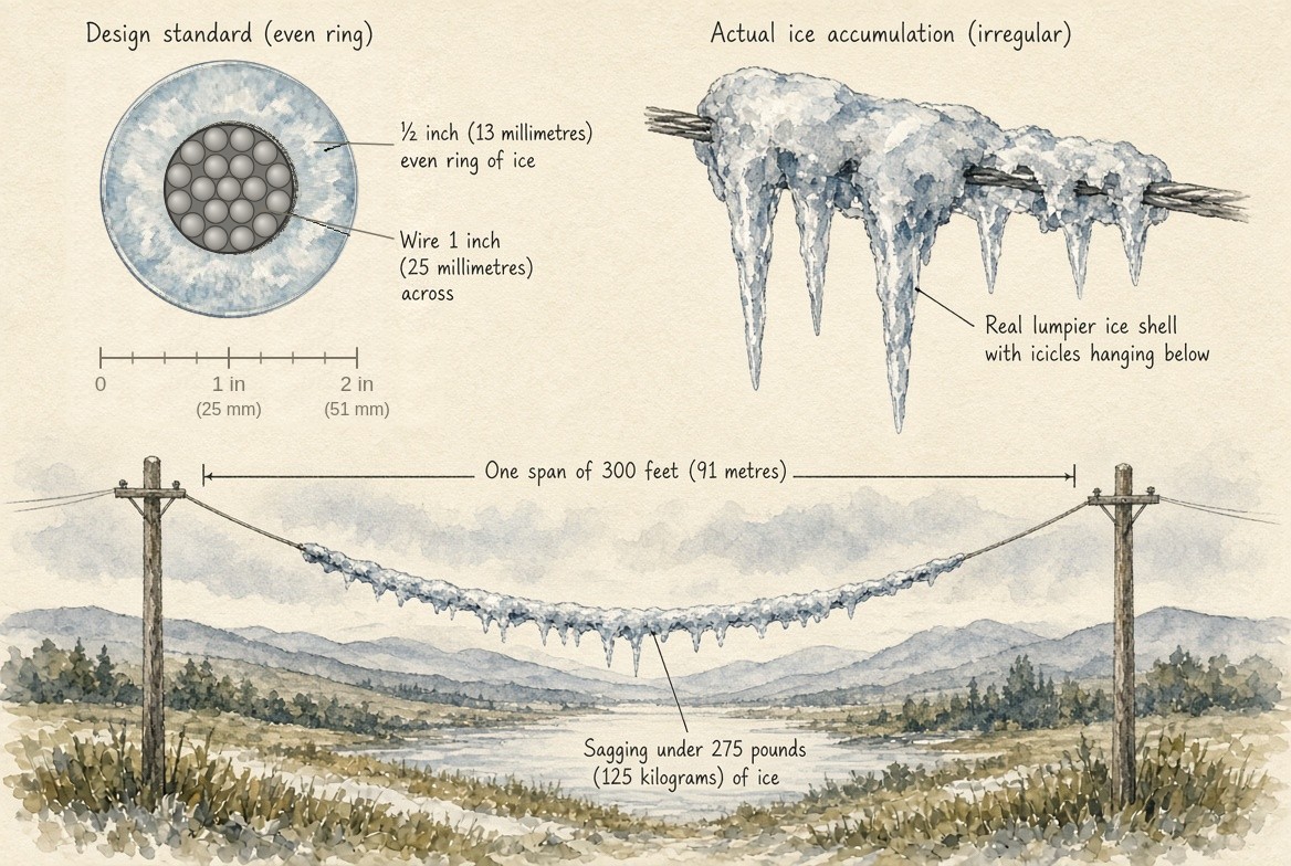 At the upper left, a section to scale through a stranded wire 1 inch (25 millimetres) across inside an even ring of ice half an inch (13 millimetres) thick, with a scale in inches; at the upper right, a painted wire carrying the real ice, a lumpy shell with icicles hanging below. Beneath, one span of 300 feet (91 metres) between two wooden poles over a frozen valley, the wire sagging under 275 pounds (125 kilograms) of ice.