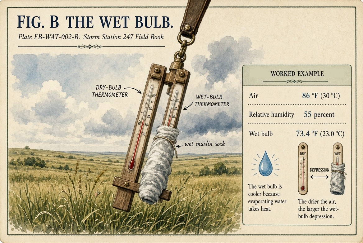 A painted sling psychrometer swinging on its leather strap over a summer prairie: a dry bulb thermometer and beside it a wet bulb thermometer whose bulb is wrapped in a wet muslin sock. A worked example beside it: air at 86 degrees Fahrenheit (30 degrees Celsius) and 55 percent relative humidity gives a wet bulb of 73.4 degrees Fahrenheit (23.0 degrees Celsius). A drop of water, with the note that the wet bulb is cooler because evaporating water takes heat, and the two thermometers side by side with the depression between them: the drier the air, the larger the wet bulb depression.