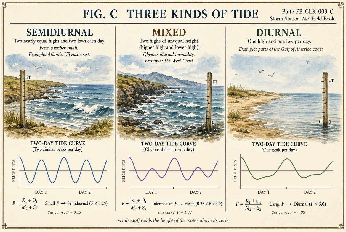 Three painted shores, each with a tide staff, over a two day tide curve: a semidiurnal tide of the Atlantic coast with two nearly equal highs a day, form number 0.15; a mixed tide of the Pacific coast with two unequal highs a day, form number 1.0; and a diurnal tide of parts of the Gulf of America coast with one high and one low a day, form number 4; the form number written below each as the sum of K1 and O1 over the sum of M2 and S2.