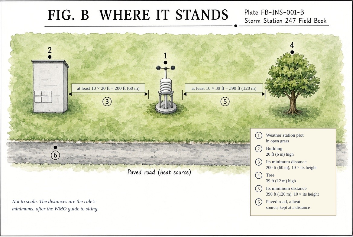 A painted plan of a weather station in open grass: the station in the middle; a building 20 feet (6 metres) high to one side, which must stand at least 200 feet (60 metres) away, ten times its height; a tree 39 feet (12 metres) high to the other side, which must stand at least 390 feet (120 metres) away; and a paved road along one edge, a source of heat kept away from the temperature sensor. Not to scale.